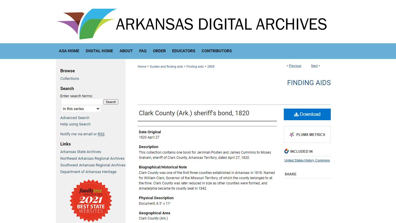 "Clark County (Ark.) sheriff's bond, 1820" - Arkansas Digital Archives